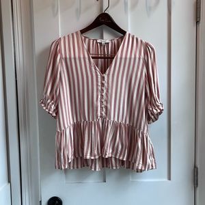 Madewell Pink & White Striped Blouse with Ruffle Hem & Buttons Size M